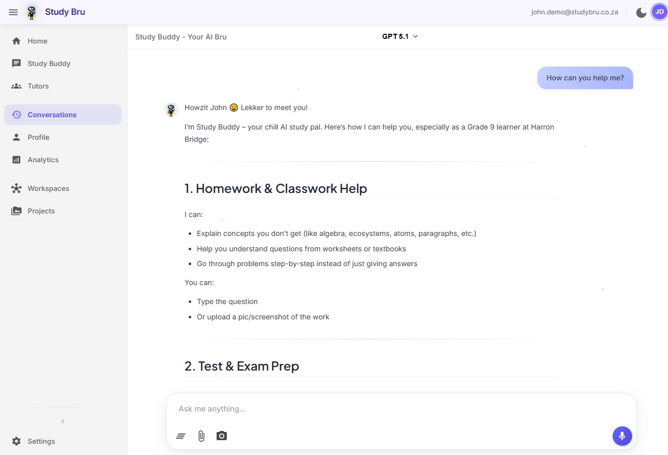 StudyBru desktop interface showing how it works
