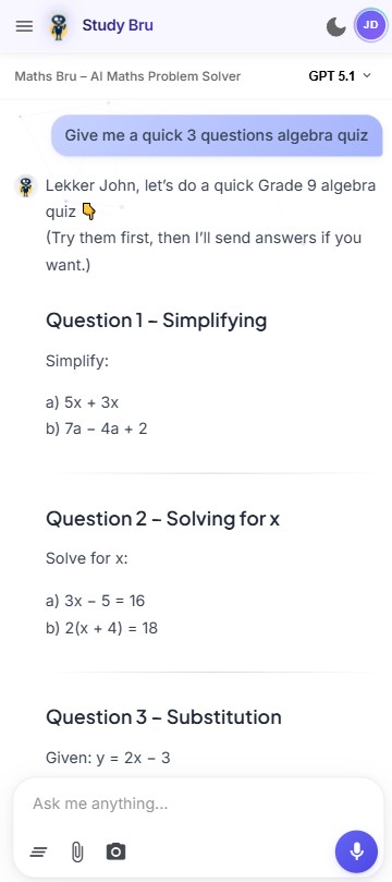 StudyBru mobile interface showing AI-powered tutoring