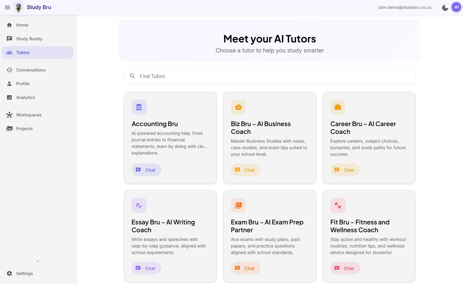 StudyBru grade-specific tutors interface