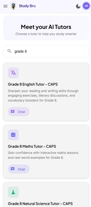 StudyBru subject specialist tutors mobile interface